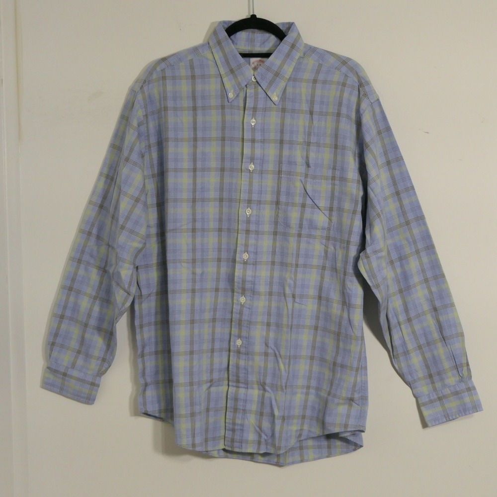 Brooks Brothers Mens Shirt L Blue Yellow Brown Plaid Preppy Ivy League Hamptons